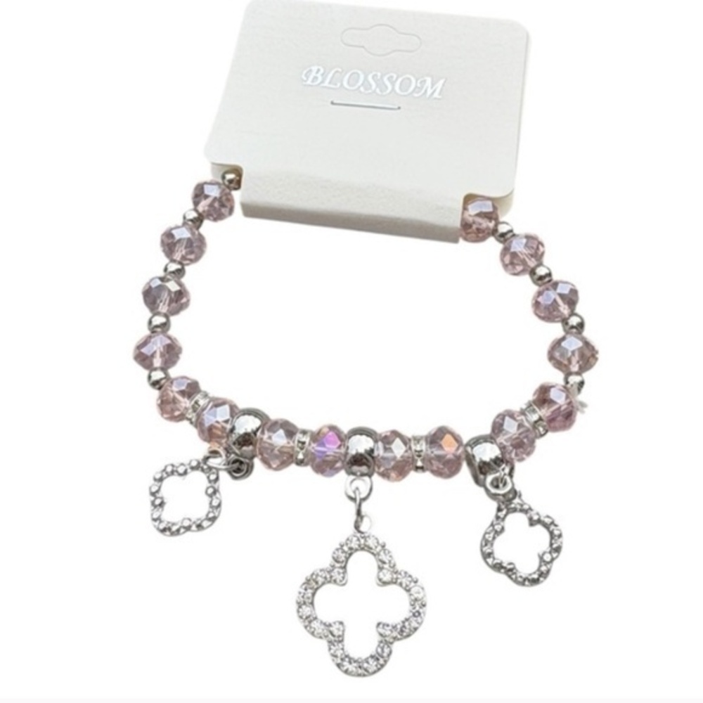 5/$25 Blossom Rainbow Pink Iridescent & Silver Beaded Bracelet with Charms